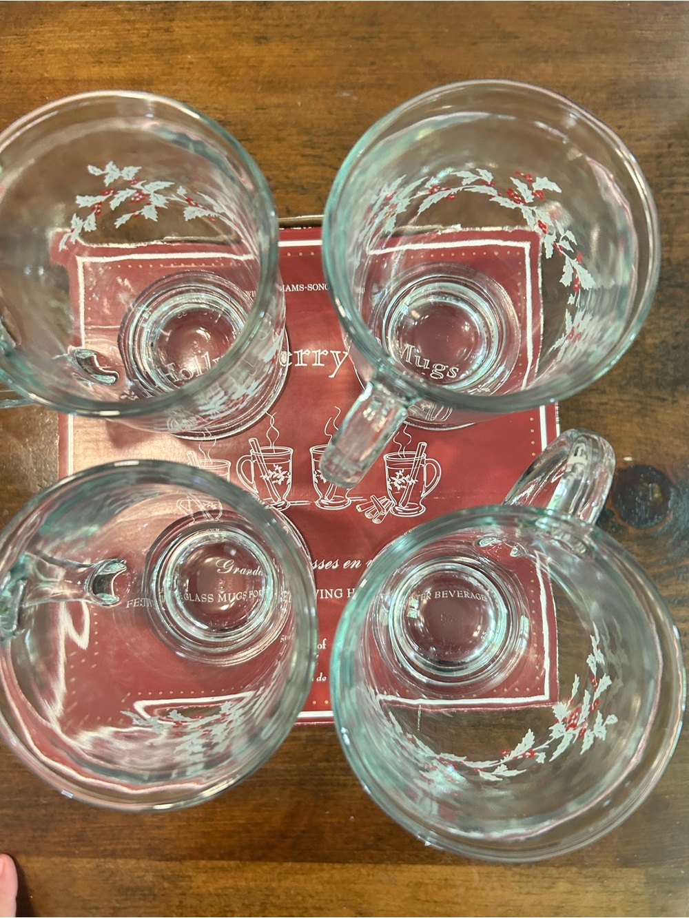William Sonoma Anchor Hocking Holly Berry Glass Mugs Set of 4- 16oz - Picture 6 of 9